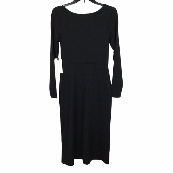 Leith Womens S Scoop Neck Long Sleeve Side Slit Midi Dress Black Stretch NEW - Picture 3 of 5